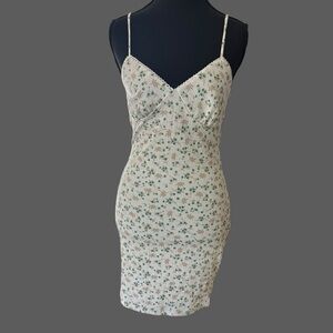 Cozy Fox Floral Ribbed Bodycon Mini Dress Cream Green Spaghetti Strap